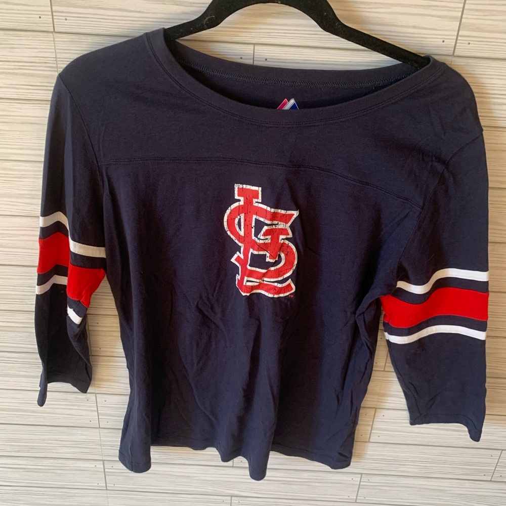 Majestic St. Louis card. Navy 3/4 Sleeve Shirt Red White Stripes 100% cotton
